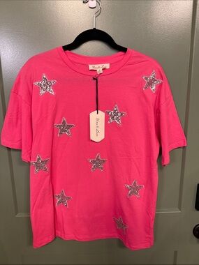 Vine & Love Hot Pink Tee with Silver Sequin Stars
